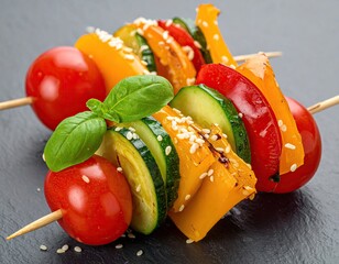 Veggie skewers colorful tomatoes, peppers, zucchini