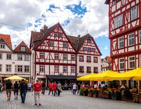 Cobblestone square, half-timbered buildings, people, and awnings - Powered by Adobe