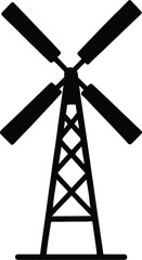 windmill with four long blades on a tall tower, solid black silhouette