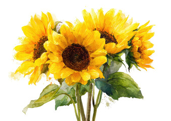 Naklejka premium Watercolor sunflowers, bright yellow petals, green leaves