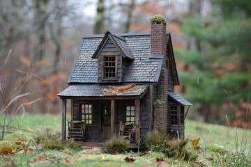 Miniature wooden cabin with a rocking chair on the porch is nestled in the rain soaked woods