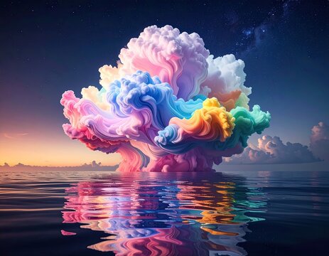 Pastel cloudscape over water, reflected. Bright, vivid sky