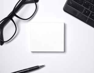 Blank card on white desk with glasses, pen, & keyboard