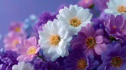 Fototapeta premium Bouquet of flowers with purple and white flowers. The flowers are arranged in a way that they are all facing the same direction. The flowers are in a vase and the vase is placed on a table