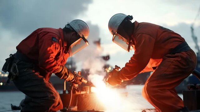 Workers perform welding on a ship at sunset