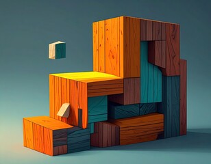 Colorful wooden blocks stacked, abstract, one floating
