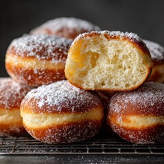 Freshly baked powdered sugar donuts on a cooling rack with one donut cut in half