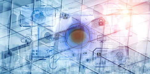 A futuristic command center interface for managing a global technology platform. The dashboard includes data security, network administration, and biometric user authentication. Fermion