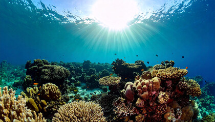 Obraz premium Ocean Sunlight: Underwater shot reveals a vibrant coral reef, bathed in sunlight filtering from the ocean's surface, creating a stunning display of marine life's habitat.