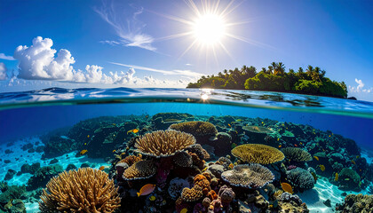 Fototapeta premium Tropical Paradise: A mesmerizing split-view showcasing the vibrant beauty of a tropical island, its clear turquoise waters concealing a colorful coral reef beneath the surface. 
