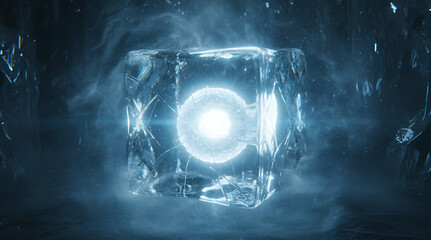 Icy cube with inner light hovering in a misty arctic studio