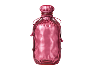 Pink bottle wrapped in silky fabric; drawstrings