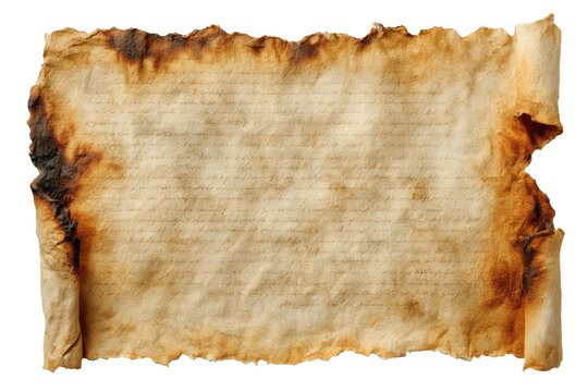 Aged, rolled parchment paper with burn marks & faded text