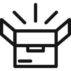 Open cardboard box illustration with radiating lines symbolizing surprise or new product launch against a clean white background