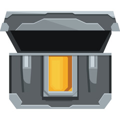 Open Metal Treasure Chest with Golden Bar Inside Metallic Gray Exterior with Dark Interior against Transparent Background High Resolution Graphic Illustration