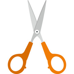 Open Orange Handled Scissors with Silver Blades on Transparent Background
