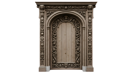Ornate carved wooden door with elaborate baroque decorative frame and archway