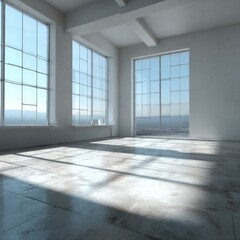 Obraz premium Bright and spacious empty room with large windows and city view on a sunny day