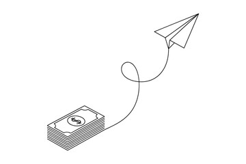 Line Drawing of Money Stack and Paper Airplane,  Continuous Line Art Symbolizing Financial Growth and Aspiration