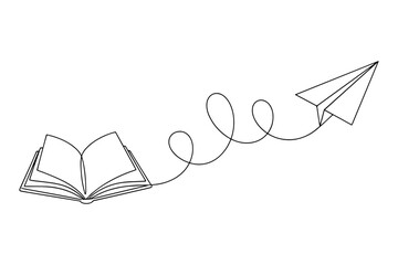 hand drawn vector illustration of a paper plane,
Line Drawing of Open Book and Paper Airplane,  Continuous Black Line Art Symbolizing Imagination and Creativity