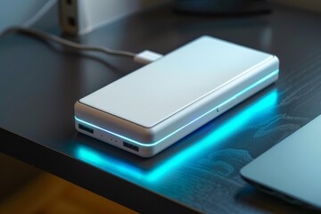 White power bank charging on a black table, illuminating with blue light