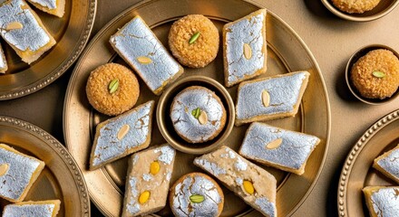Fototapeta premium Assortment of Vibrant Indian Mithai Sweets on Golden Decorative Platters