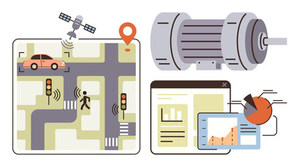 GPS tracking, IoT sensors, traffic systems, analytics dashboard, satellite, motor, bar chart, pie chart. Ideal for smart city IoT automation traffic management data efficiency innovation