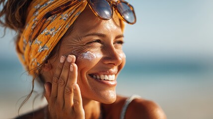 Radiant woman happily applying sunscreen at the beach, embracing summer skincare and sun protection with a joyful smile.