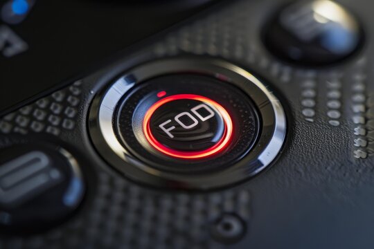 Close up of a red illuminated fod - foreign object debris - button on a black dashboard