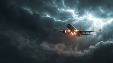 A military jet flies through dark storm clouds with jagged lightning illuminating the turbulent sky