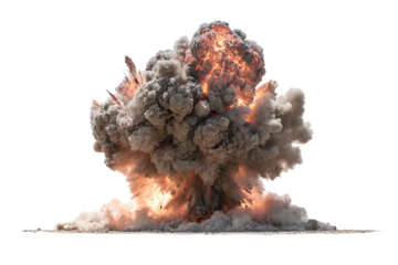 Violent explosion with smoke and fire, on black