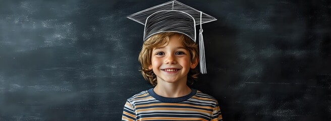 Cheerful elementary school student wearing graduation cap against chalkboard background, expressing joy and achievement in education. Bright smile shows success.