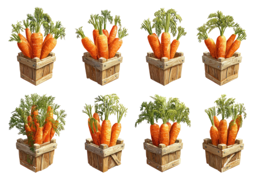 Carrots in wooden crates, isometric view