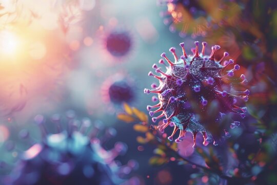 Microscopic virus closeup spreading through air on sunbeam background