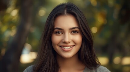 Fototapeta premium Stunning brunette woman with a warm, genuine smile perfect for beauty, wellness, and lifestyle brands