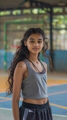 Fototapeta premium Indian Female Athlete Standing on Sports Playground or Court, Ready for Action Photo. Fictional Character Created By Generative AI 