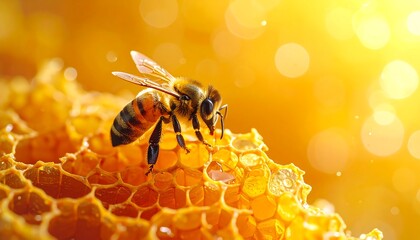 Honeybee on honeycomb in golden light. Macro shot of bee. Soft bokeh highlights. Warm color palette