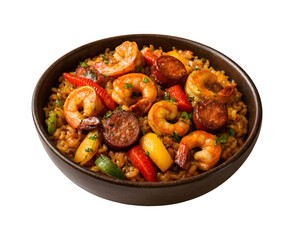 Delicious and flavorful shrimp and sausage jambalaya served in a rustic bowl with a dark background
