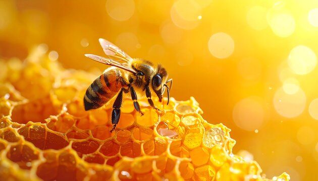 Honeybee on honeycomb in golden light. Macro shot of bee. Soft bokeh highlights. Warm color palette