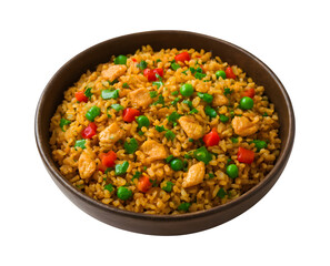 A delicious bowl of chicken fried rice with peas and red peppers served on a black background