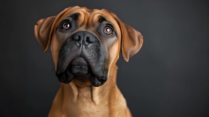 Obraz premium Close up portrait of brown Boerboel or South African Mastiff dog with wrinkled face and expressive eyes against dark background, looking up with attention.