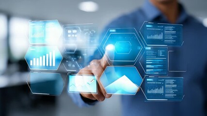 Professional man uses transparent digital screen with interactive data visualization in a corporate workspace. Concept highlights innovation, digital transformation, and smart business solutions - Powered by Adobe