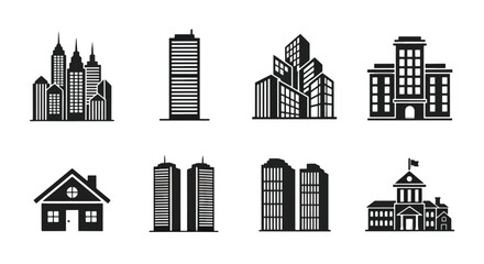 Vector art of collection of various building icons, representing diverse architectural styles