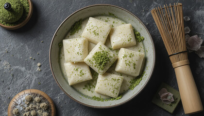 Traditional Matcha Green Tea Mochi Squares in Ceramic Bowl with Matcha Powder and Bamboo Whisk