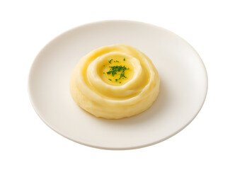 A single serving of creamy mashed potatoes swirled into a decorative rosette on a white plate