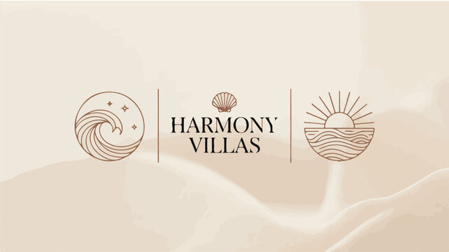 Harmony Villas logo with wave, seashell, and sun icons on a textured beige background branding real estate