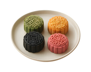 Four colorful traditional mooncakes arranged on a white plate against a black background