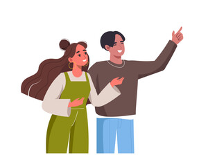 Smiling male and female characters, couple showing, choosing, picking, pointing with hand gesture, inviting finger sign. Excited friends showing something. Flat vector illustration isolated on white.
