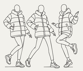 line sketch three fashion models in dynamic poses in black down jackets different lengths and sneakers, without face