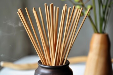 Thin wooden sticks diffusing a pleasant smell in a modern interior